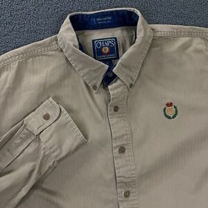 Vintage Chaps Ralph Lauren Shirt Mens XL Tan Herringbone Twill Crest Logo Preppy